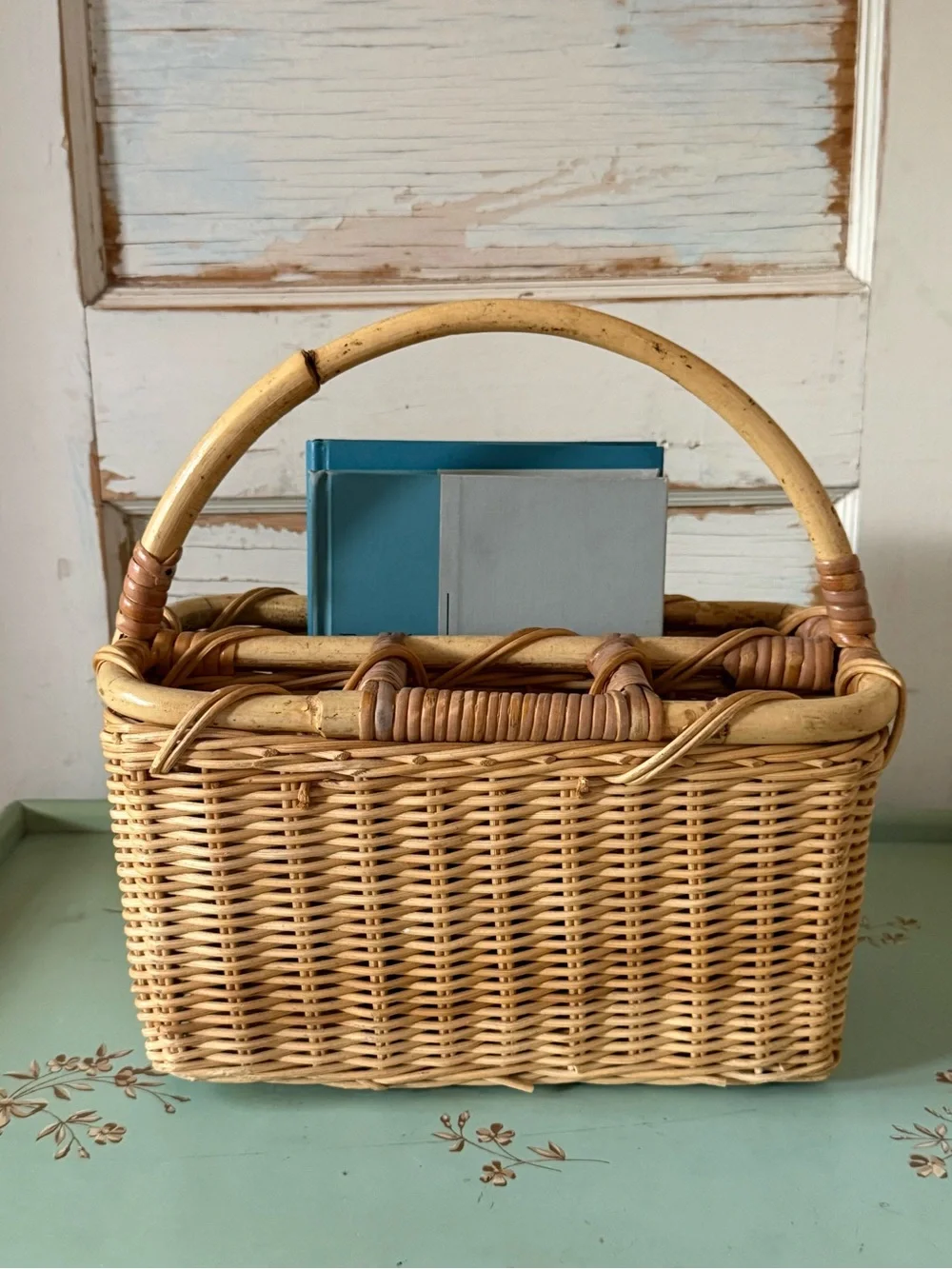 Vintage Wicker Cutlery Basket, Organizer, Rattan, Handmade